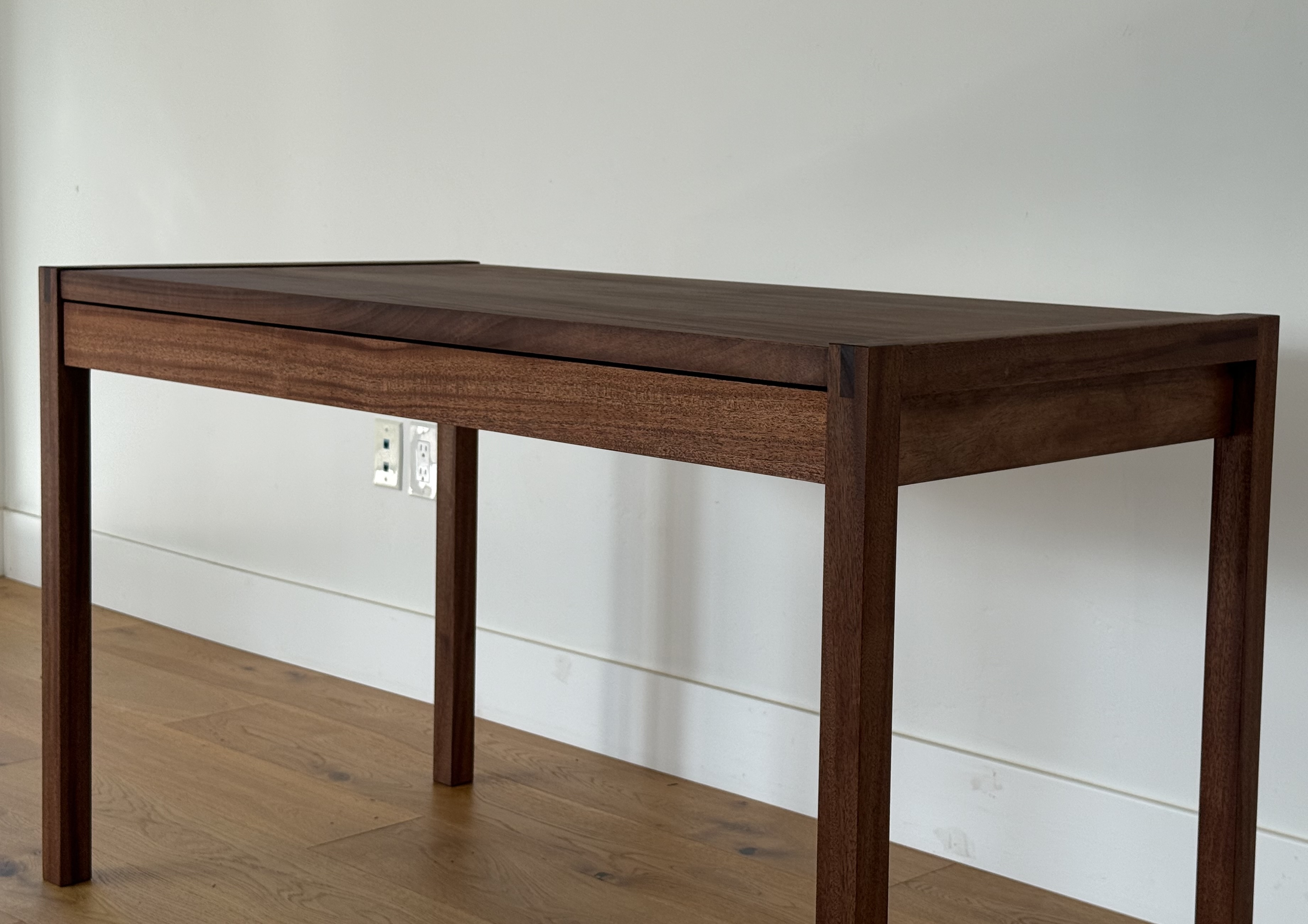African Mahogany desk, side view with drawer open