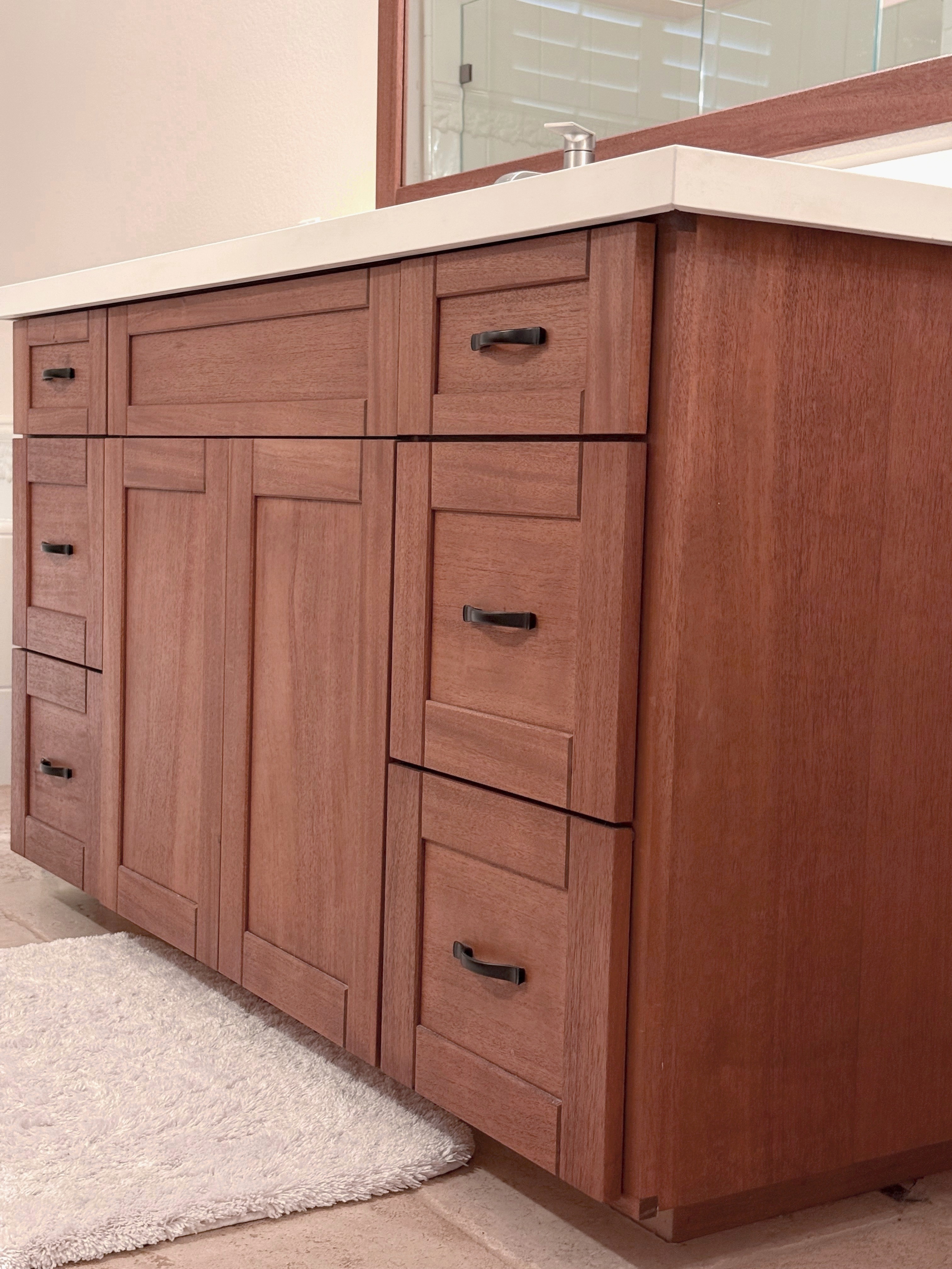 Mahogany vanity with drawer open, showing dovetail joinery